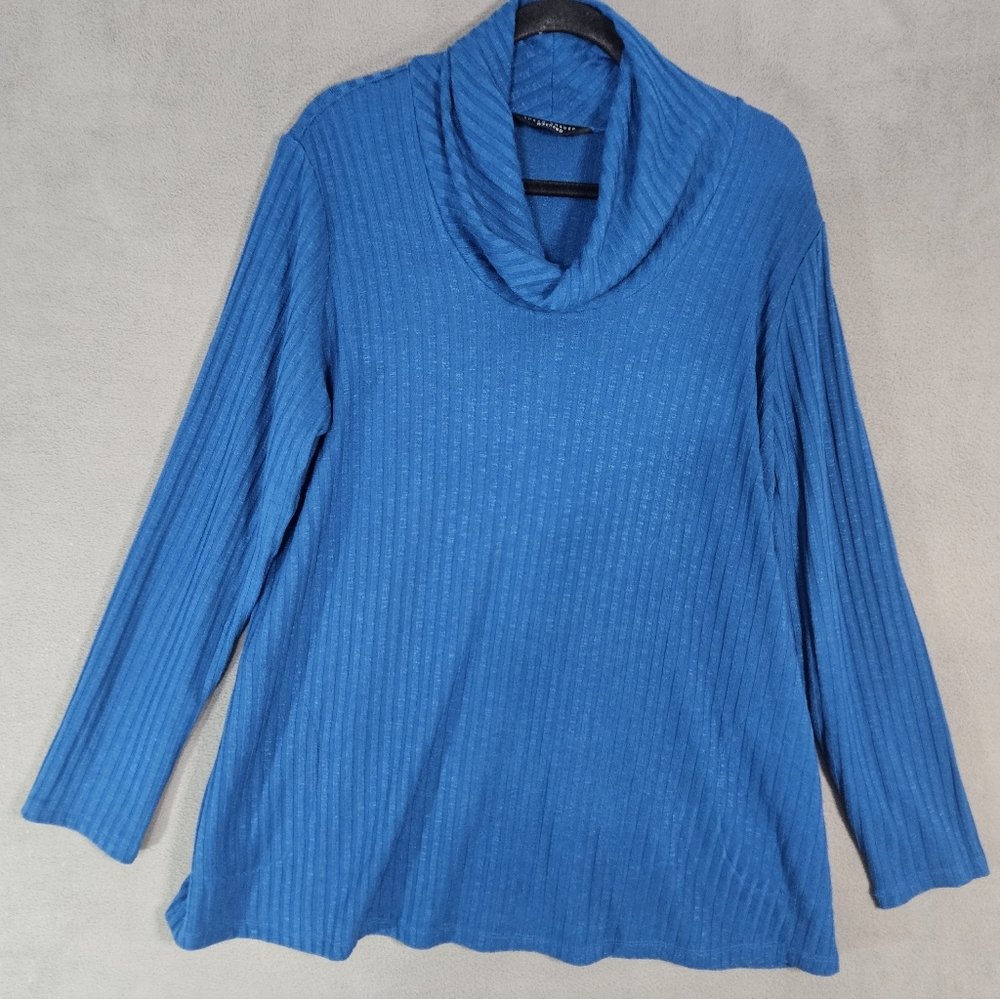 Susan Graver Weekend Womens Plus 1X Turtleneck Rib Shirt Aqua Blue Pockets Flowy